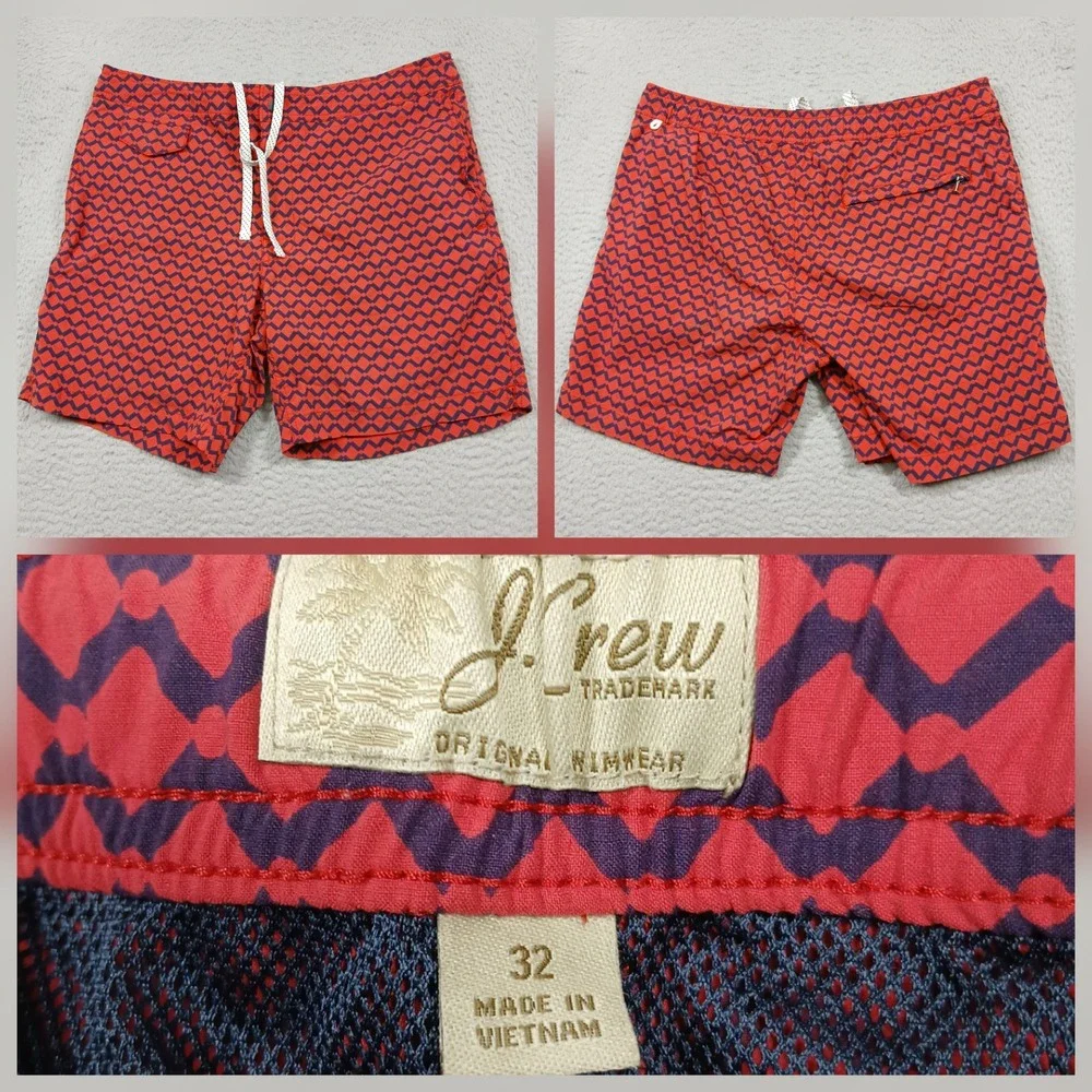 J.Crew Swim Trunks Men's‎ 32 Red Blue Geometric Pattern Drawstring Shorts